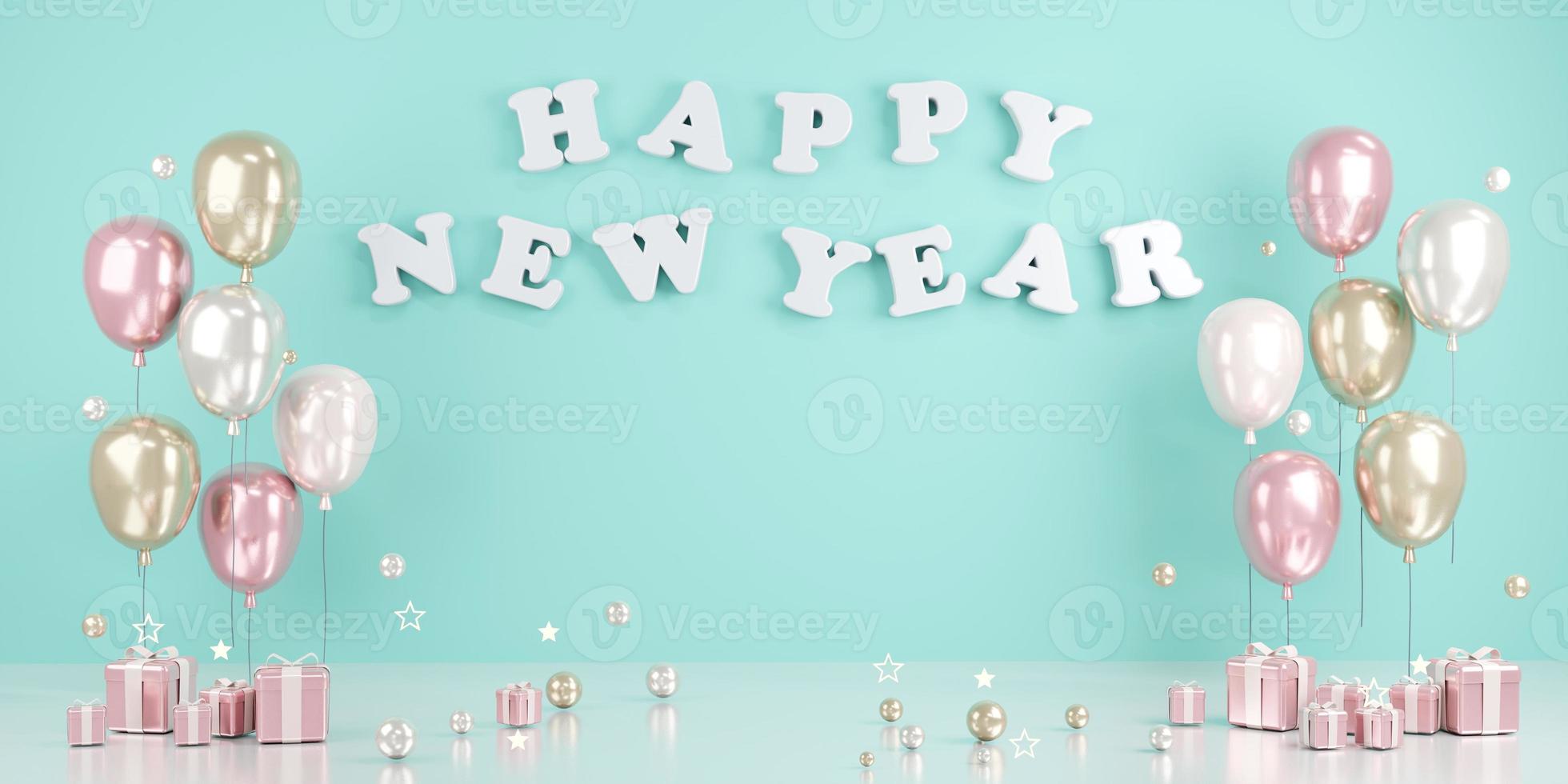 3D Rendering concept of Happy new year text on wall with balloons and gifts in blue theme. 3D Render. 3D illustration. photo
