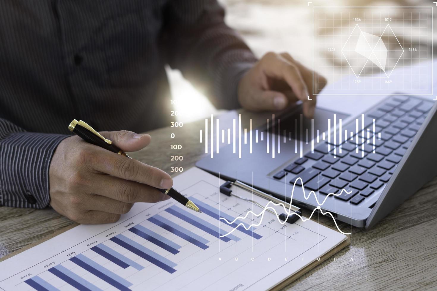 strategy analysis concept, Businessman working financial Manager Researching Process accounting calculate analyse market graph data stock information review on the table in office. photo