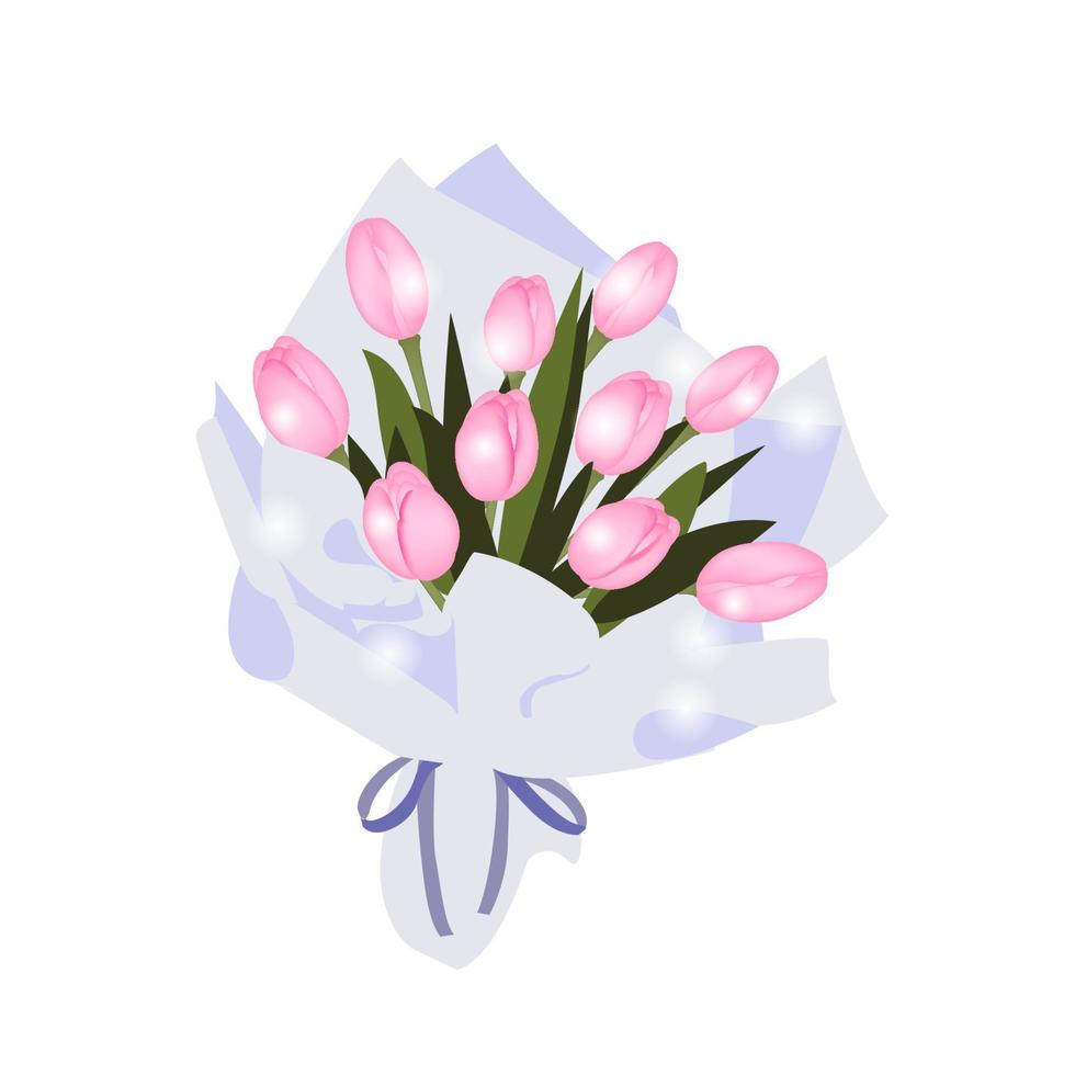 Realistic bouquet of tulips on a white background, Vector illustration, Spring tulip flowers