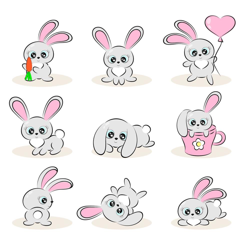 Set of cute bunnies in different poses, collection to use as a print for textiles, packaging, postcard, vector illustration