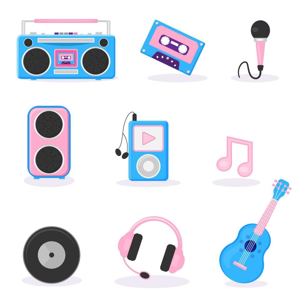 Music equipment set ,retro cassette, tape recorder, microphone, vintage music, party mix stereo set. Vector illustration