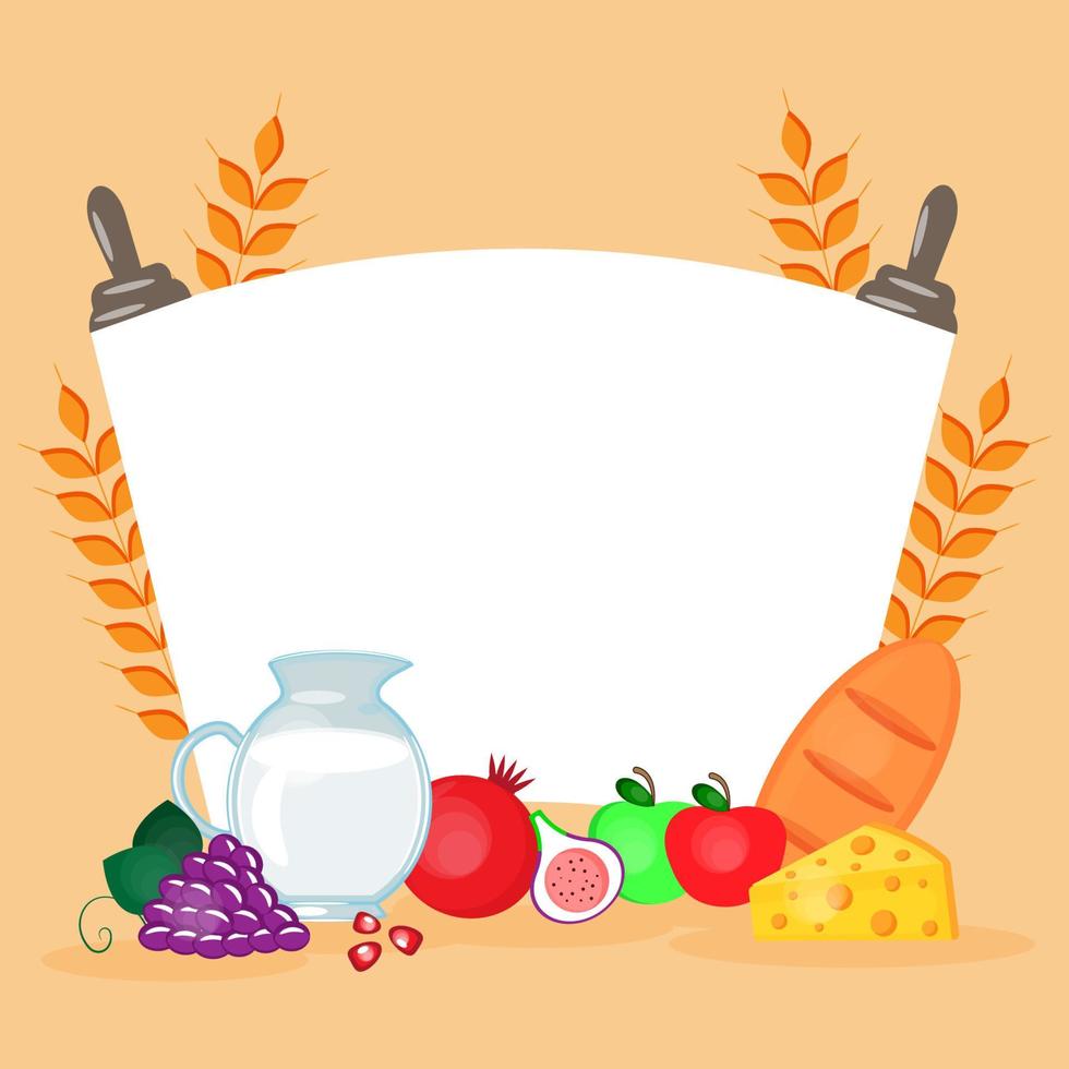 Happy Shavuot, poster with dairy products, fruits and spikelet bread and cheese, happy Shavuot on pastel orange background vector