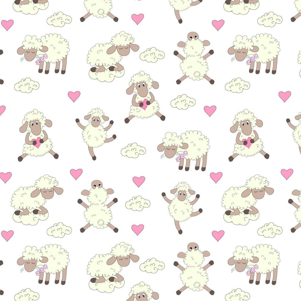 Cute sheep, Seamless pattern, doodle style, printing on fabric, packaging, textile, vector illustration