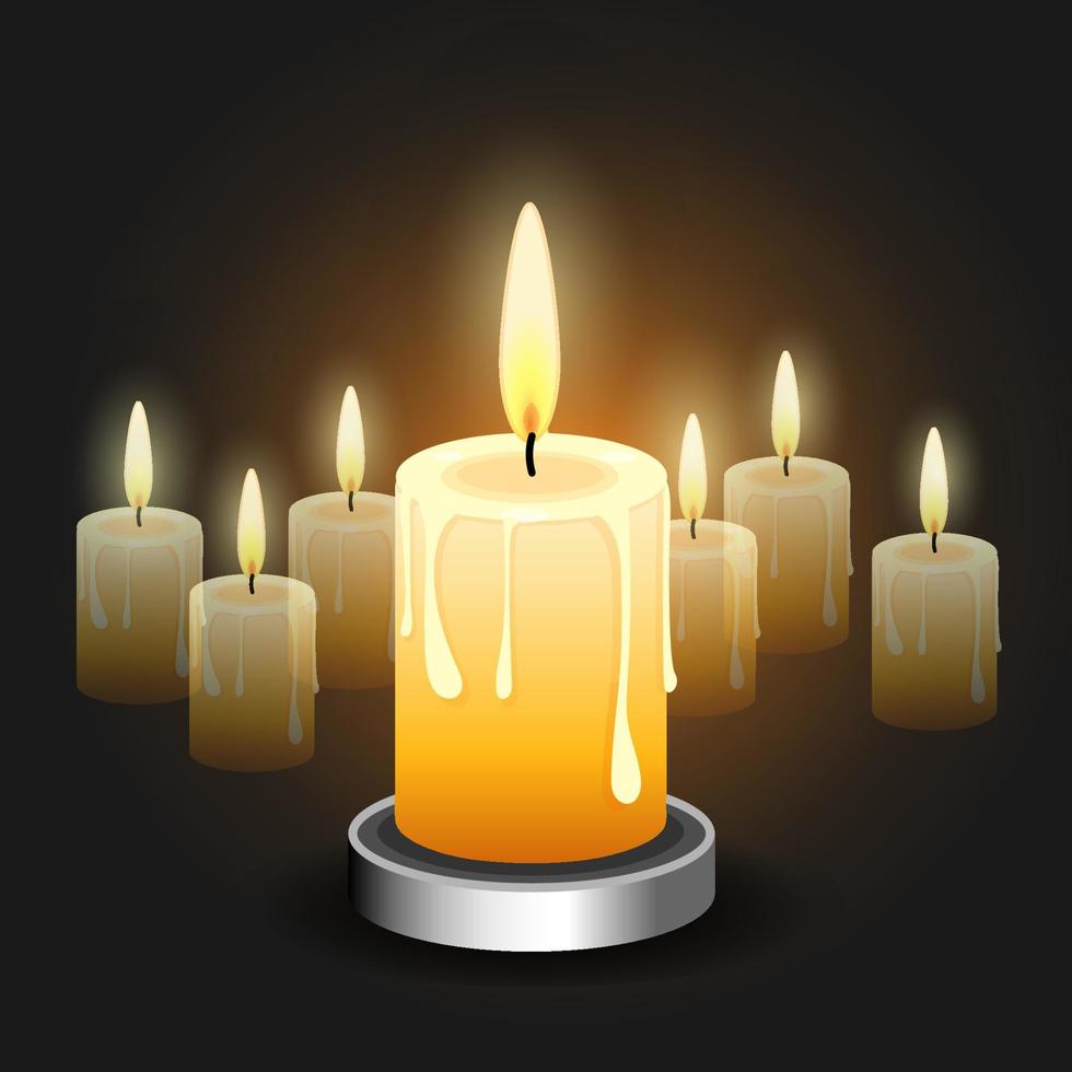 Realistic Candles burning at night, White candles burning in the dark one candle in the foreground, vector illustration,