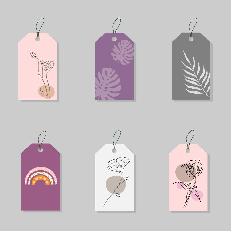 A set of labels with a design of a minimalist style flowers, abstract background, for packaging, products, printing, textiles, vector illustration