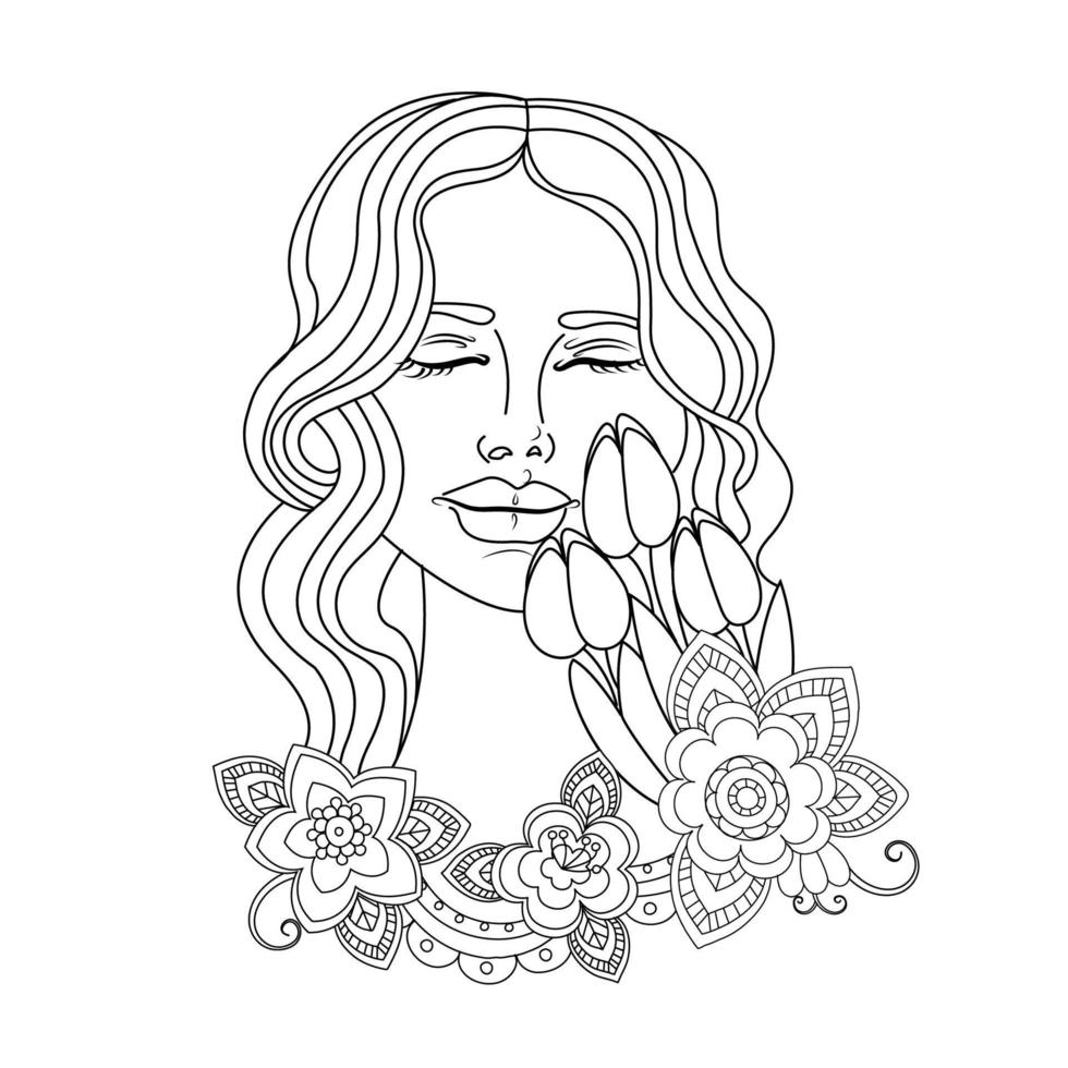 Silhouette of a girl with flowers tulips in the style of line art, coloring book, print on the product, laser engraving on textiles, vector illustration