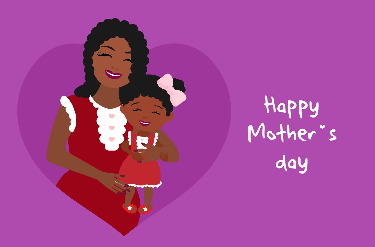 Cute mother's day poster, african american woman hugging her little daughter, flat style, modern illustration, textile print, packaging, postcard vector