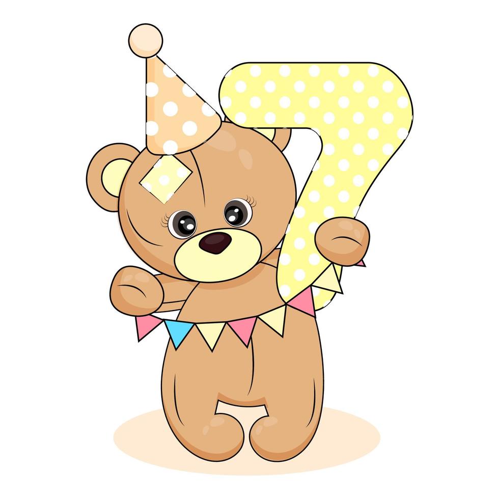 Number seven and teddy bear, baby birthday card on white isolated background, cute cartoon character and number seven, textile print, packaging, party invitation vector