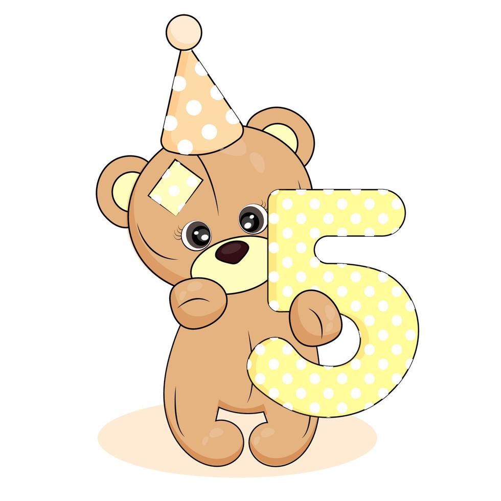 Number five and teddy bear, baby birthday card on white isolated background, cute cartoon character and number five, textile print, packaging, party invitation vector illustration