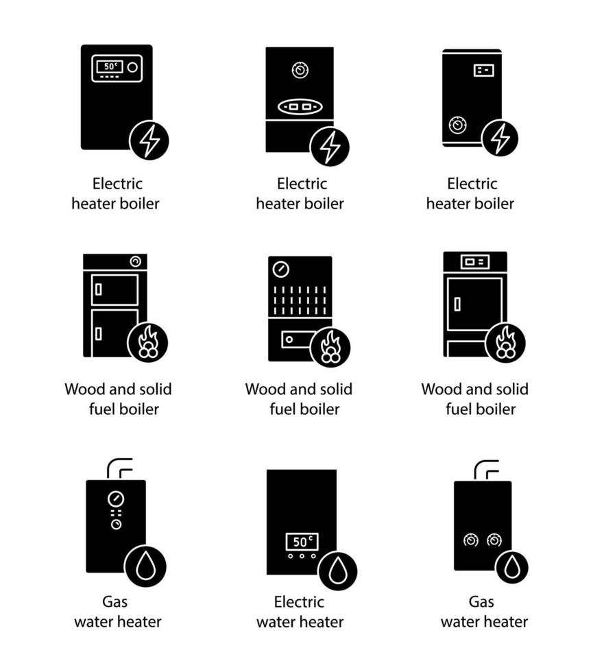 conjunto de iconos de glifo de calentamiento. gas, electricidad, combustibles sólidos, calderas y calentador de agua. sistemas de calefacción central comerciales, industriales y domésticos. símbolos de silueta. ilustración vectorial aislada vector