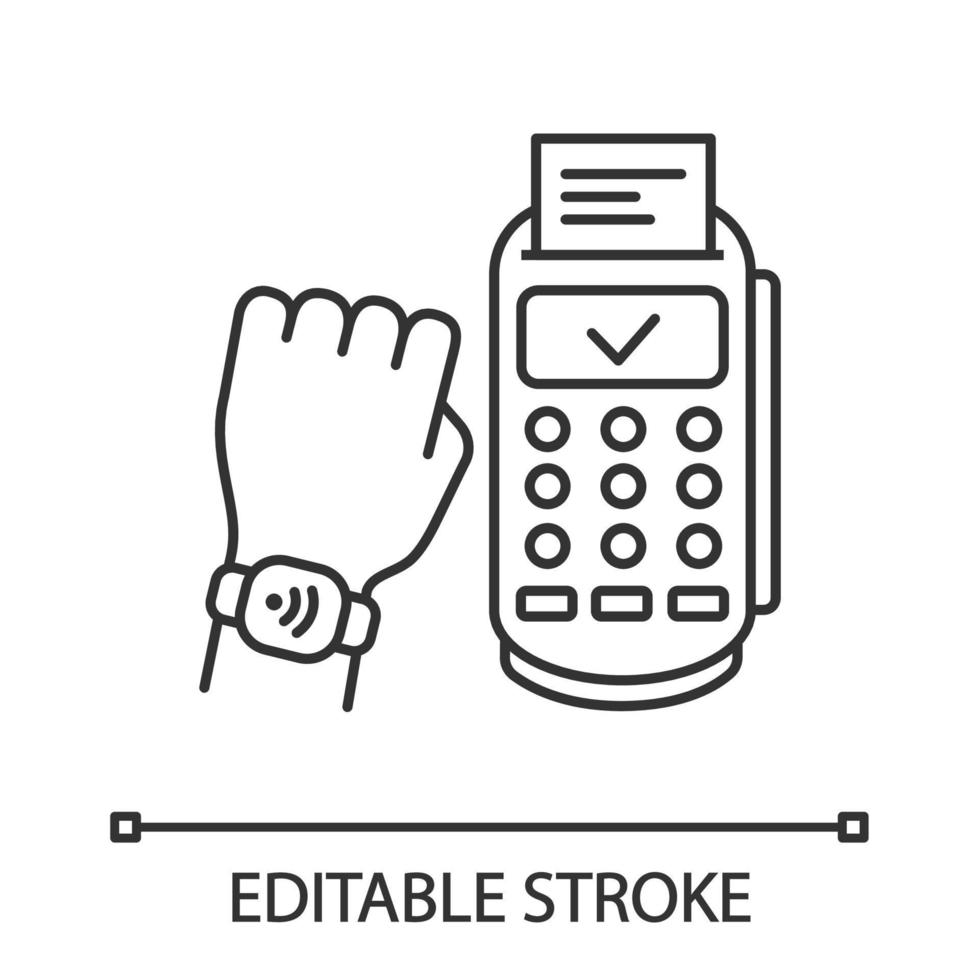 NFC smartwatch linear icon. Payment terminal. Thin line illustration. Smart wristwatch. Contactless payment with NFC smartwatch. Contour symbol. Vector isolated outline drawing. Editable stroke