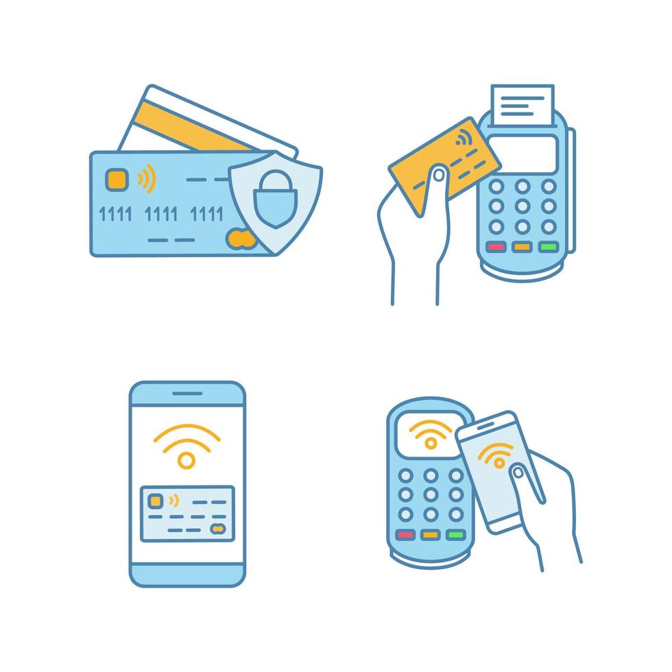 NFC payment color icons set. Credit cards, POS terminal, pay with smartphone. Isolated vector illustrations