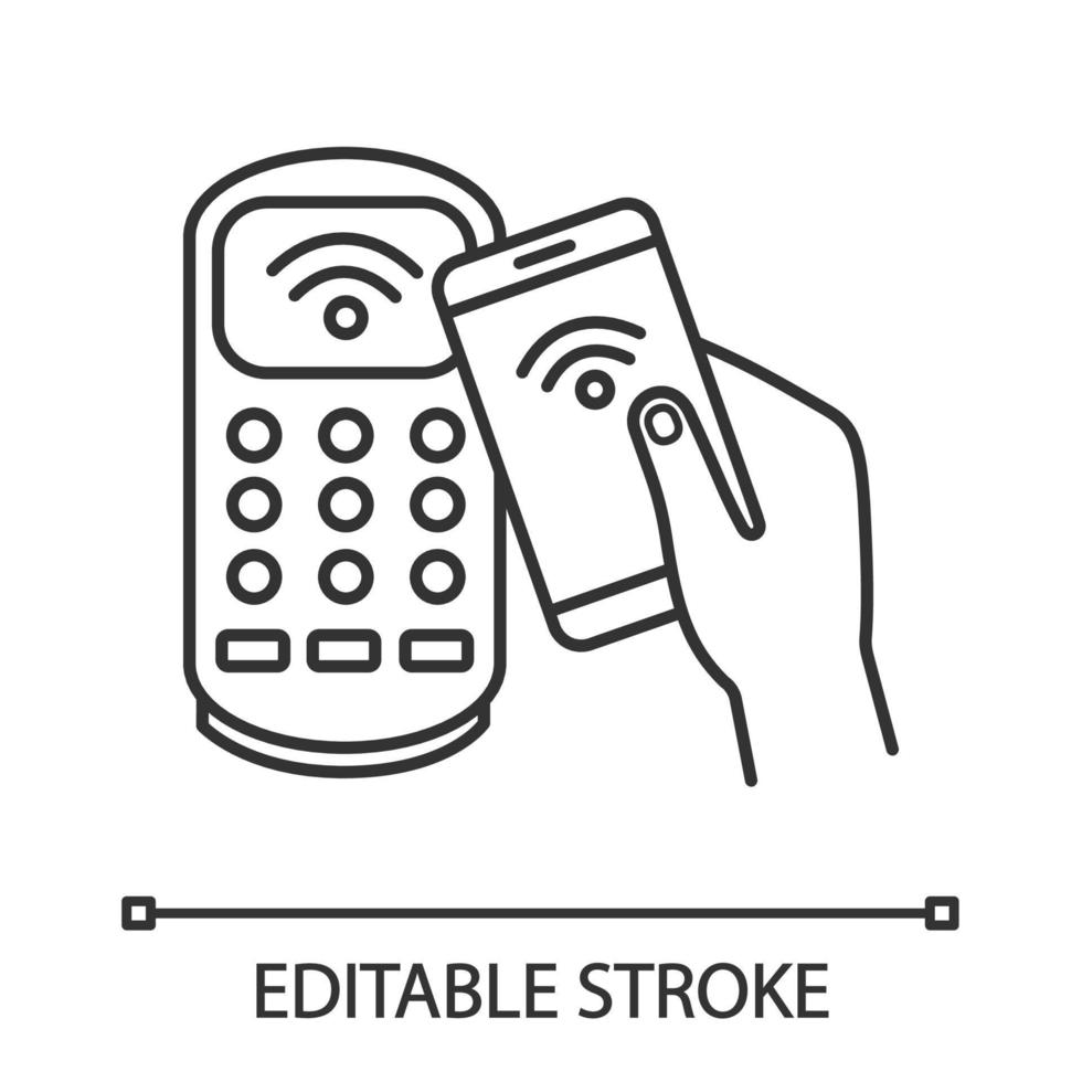 NFC smartphone payment linear icon. NFC phone and POS terminal. Thin line illustration. Mobile phone contactless payment. Contour symbol. Vector isolated outline drawing. Editable stroke