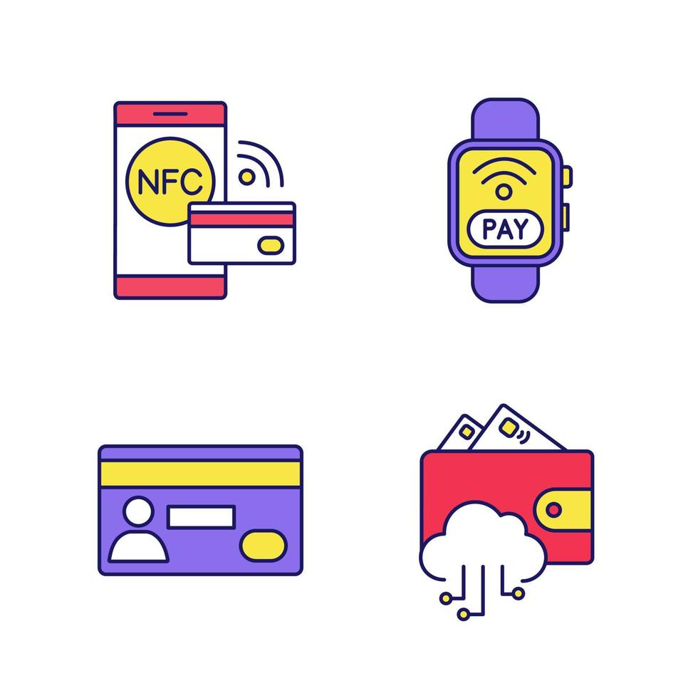 E-payment color icons set. NFC smartwatch, pay with smartphone, e-wallet, credit card. Isolated vector illustrations