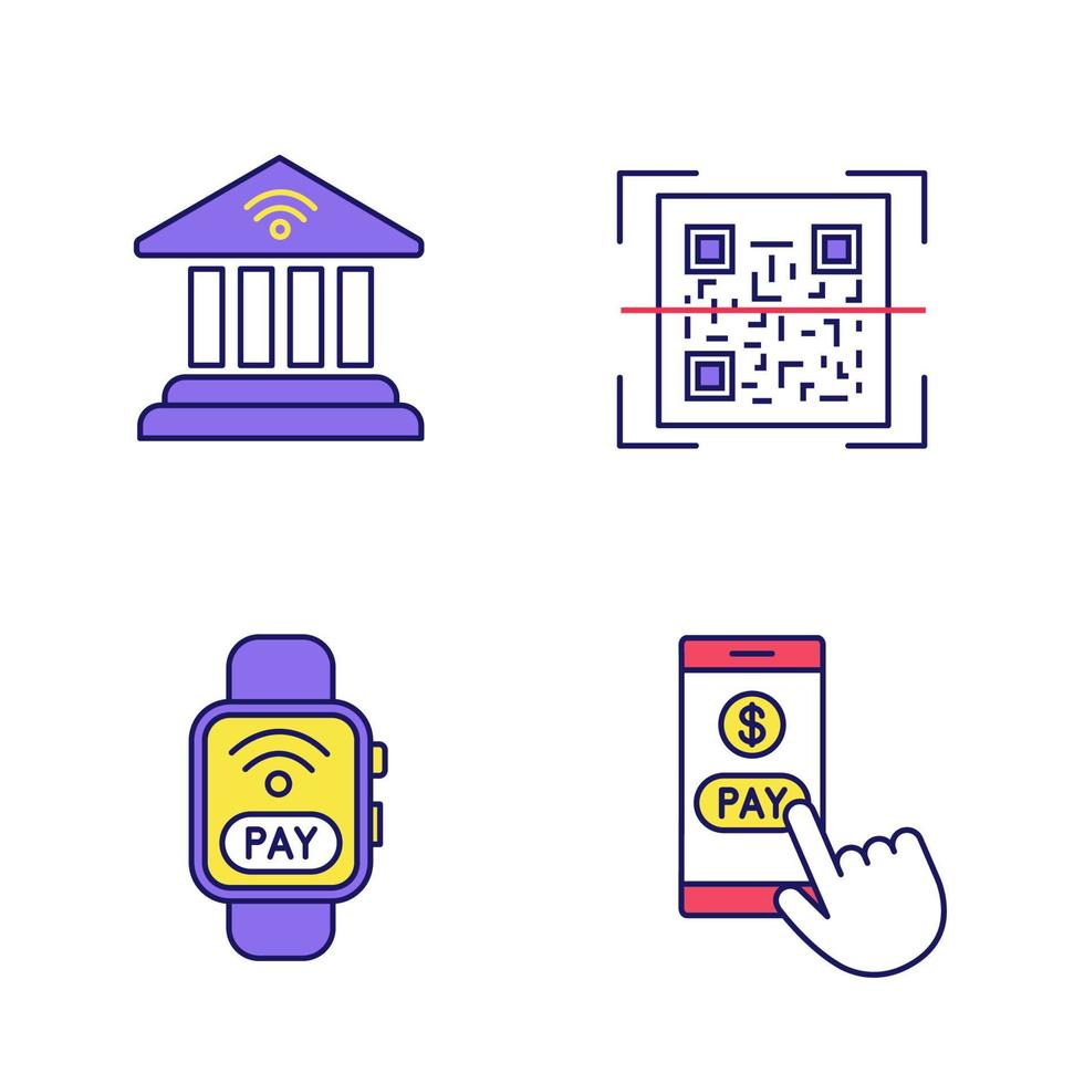 E-payment color icons set. Online banking, QR code scanner, NFC smartwatch, pay with smartphone. Isolated vector illustrations