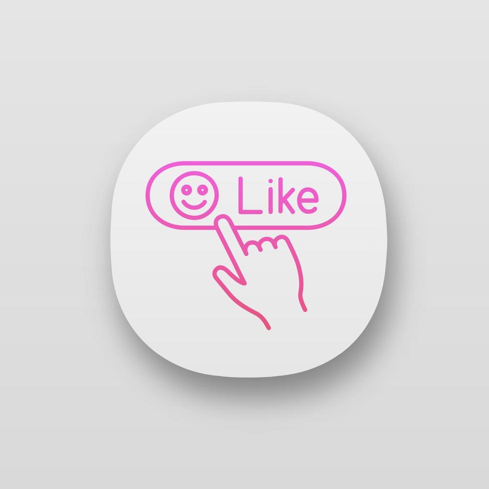 Like button click app icon. Positive comment. Hand pressing button. UI UX user interface. Web or mobile application. Vector isolated illustration
