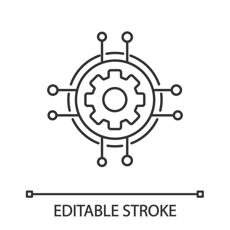 Digital settings linear icon. Technological progress and innovation. Thin line illustration. Gear. Machine learning. Cogwheel in chipset pathways. Vector isolated outline drawing. Editable stroke