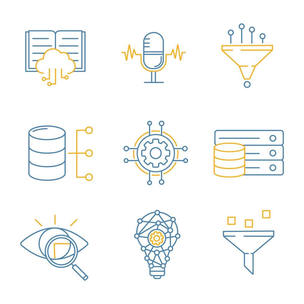 Machine learning color linear icons set. Artificial intelligence. Database. AI. Digital technology. Thin line illustrations. Isolated vector illustrations