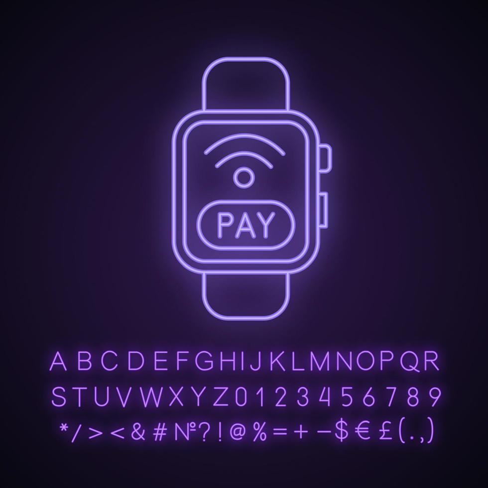 Smartwatch NFC payment neon light icon. Pay with smart wristwatch. Contactless payment. Glowing sign with alphabet, numbers and symbols. Vector isolated illustration