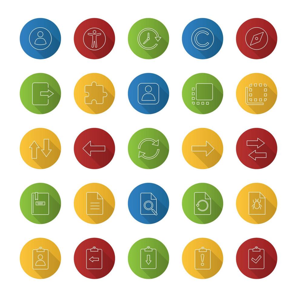 UI UX flat linear long shadow icons set. System elements. Common actions symbols. Vector outline illustration