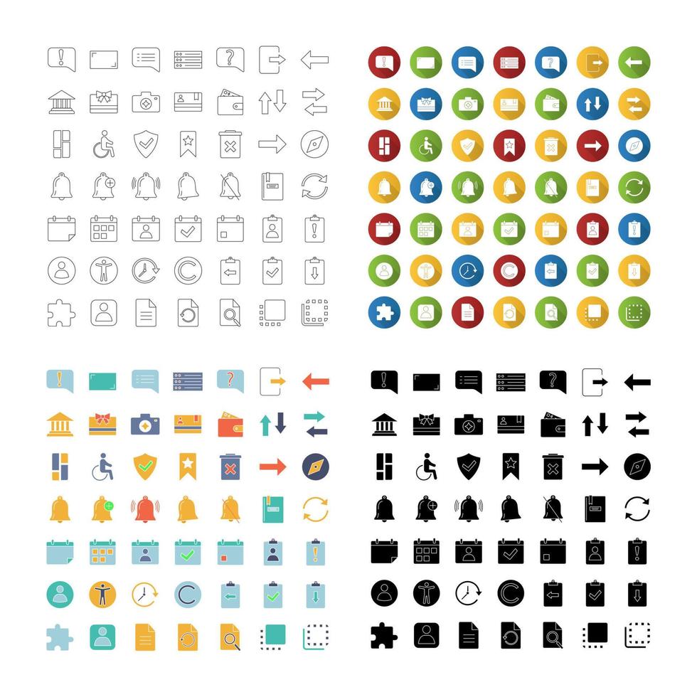 conjunto de iconos de ui ux. elementos del sistema. símbolos de acciones comunes. estilos lineales, de diseño plano, de color y de glifo. ilustraciones de vectores aislados