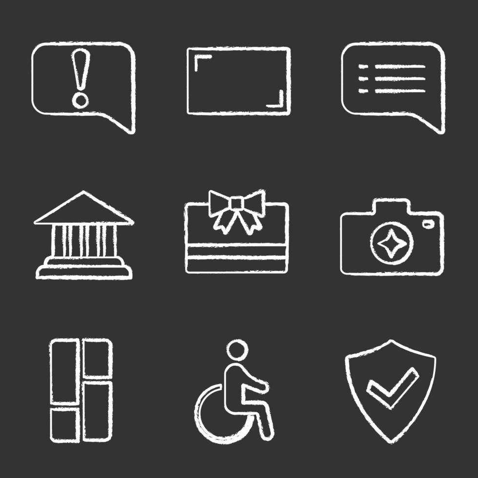 UI UX chalk icons set. Announcement, aspect ratio, speech bubble, account balance, gift card, camera enhance, dashboard, accessible, secured. Isolated vector chalkboard illustrations