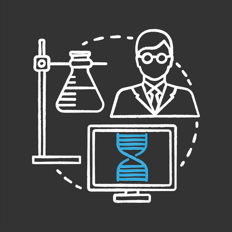 icono de concepto de tiza de laboratorio de ciencias. idea de microbiología. estudio de microorganismos. soporte de anillo con matraz, microbiólogo, computadora de laboratorio. ilustración de pizarra aislada vectorial vector