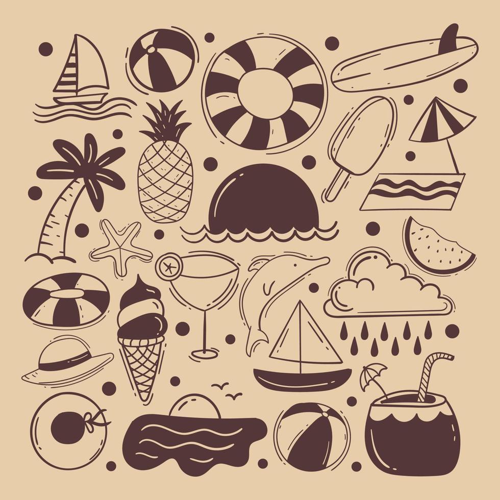 Set of summer doodle line art vector illustration Premium Vector