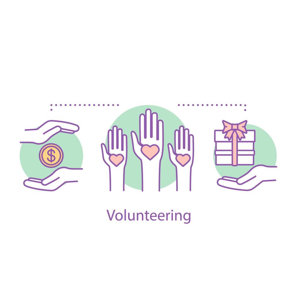 Volunteering concept icon. Charity idea thin line illustration. Fundraising. Donation. Vector isolated outline drawing