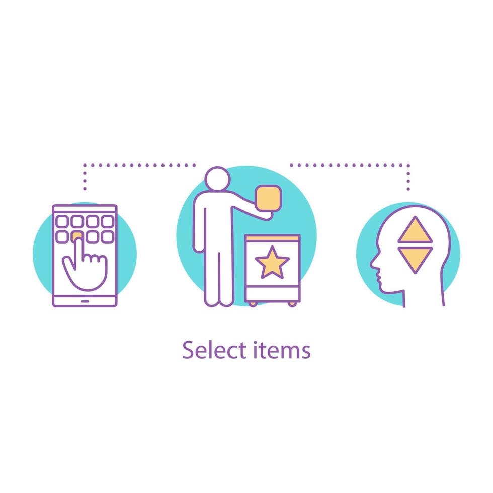 Select items concept icon. Choosing goods or services idea thin line illustration. Rating. Making order. Vector isolated outline drawing