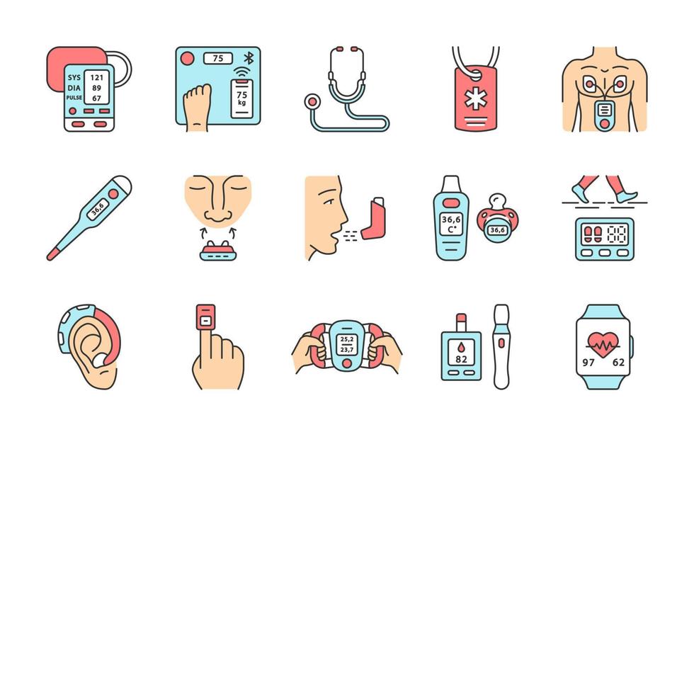 conjunto de iconos de color de dispositivos médicos. estetoscopio, identificación de alerta médica, inhalador, oxímetro, termómetro digital, podómetro, monitor de azúcar en la sangre, amplificador auditivo, básculas inteligentes. ilustraciones de vectores aislados