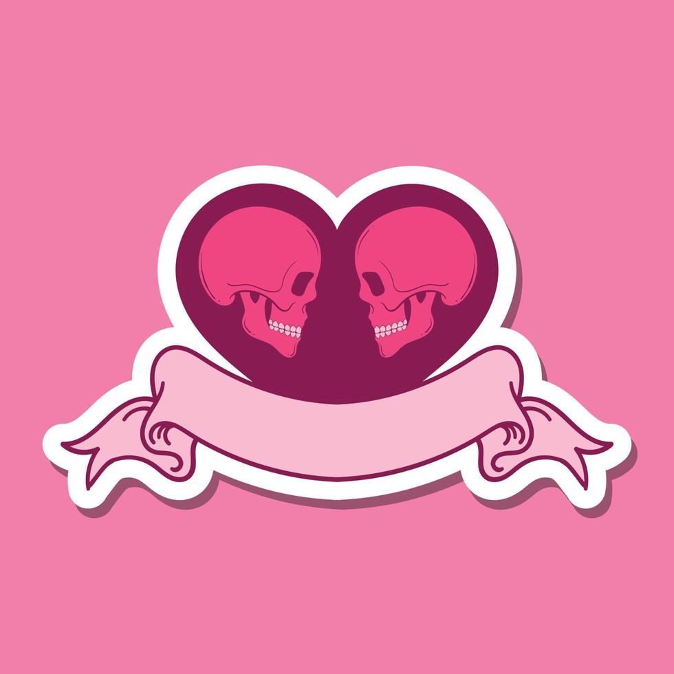 corazón de calavera dibujado a mano con ilustración de garabato de cinta para póster de pegatinas de tatuaje, etc. vector