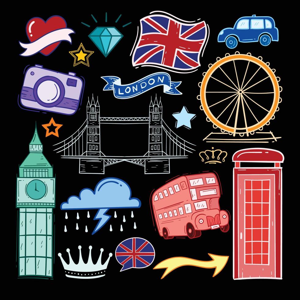 colección de elementos de garabatos de la ciudad de londres dibujados a mano vector