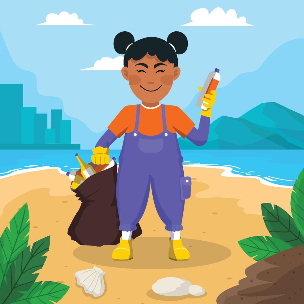 Little Girl Cleaning The Beach vector