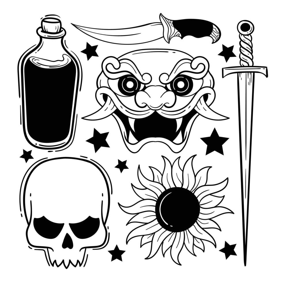 elementos dibujados a mano doodle vintage para etiqueta de tatuaje, etc. vector