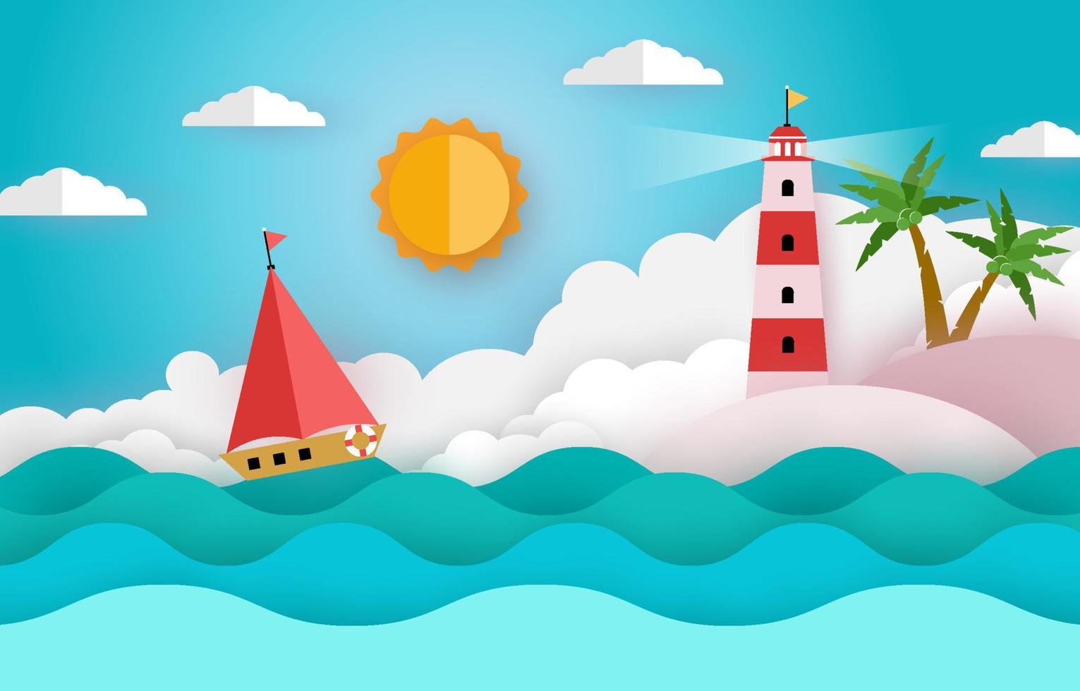 Lighthouse on Sea Beach in Paper Art Style vector