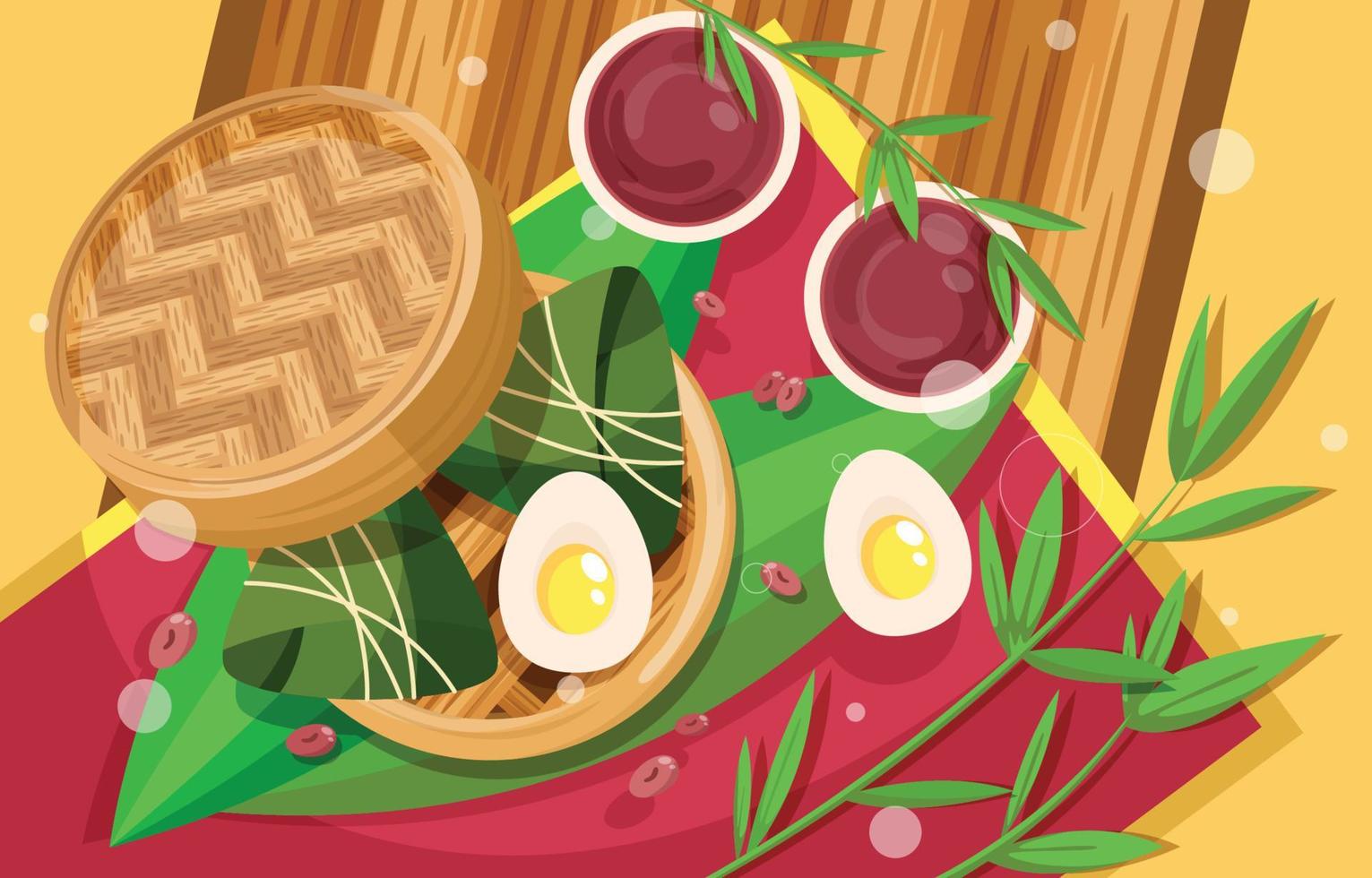 A Cup of Chinese Tea and Zongzi with Dim Sum Basket and Red Beans vector