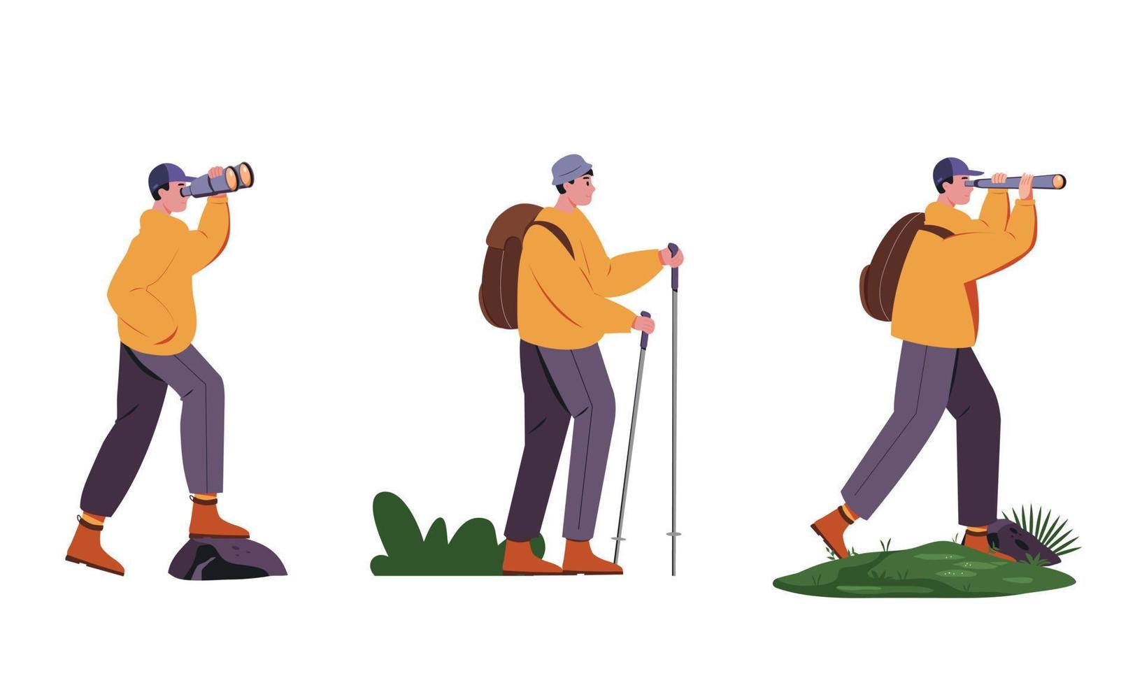 man backpacker travel adventure concept. outdoor vacation recreation in nature theme of hiking, climbing and trekking with people character set. vector