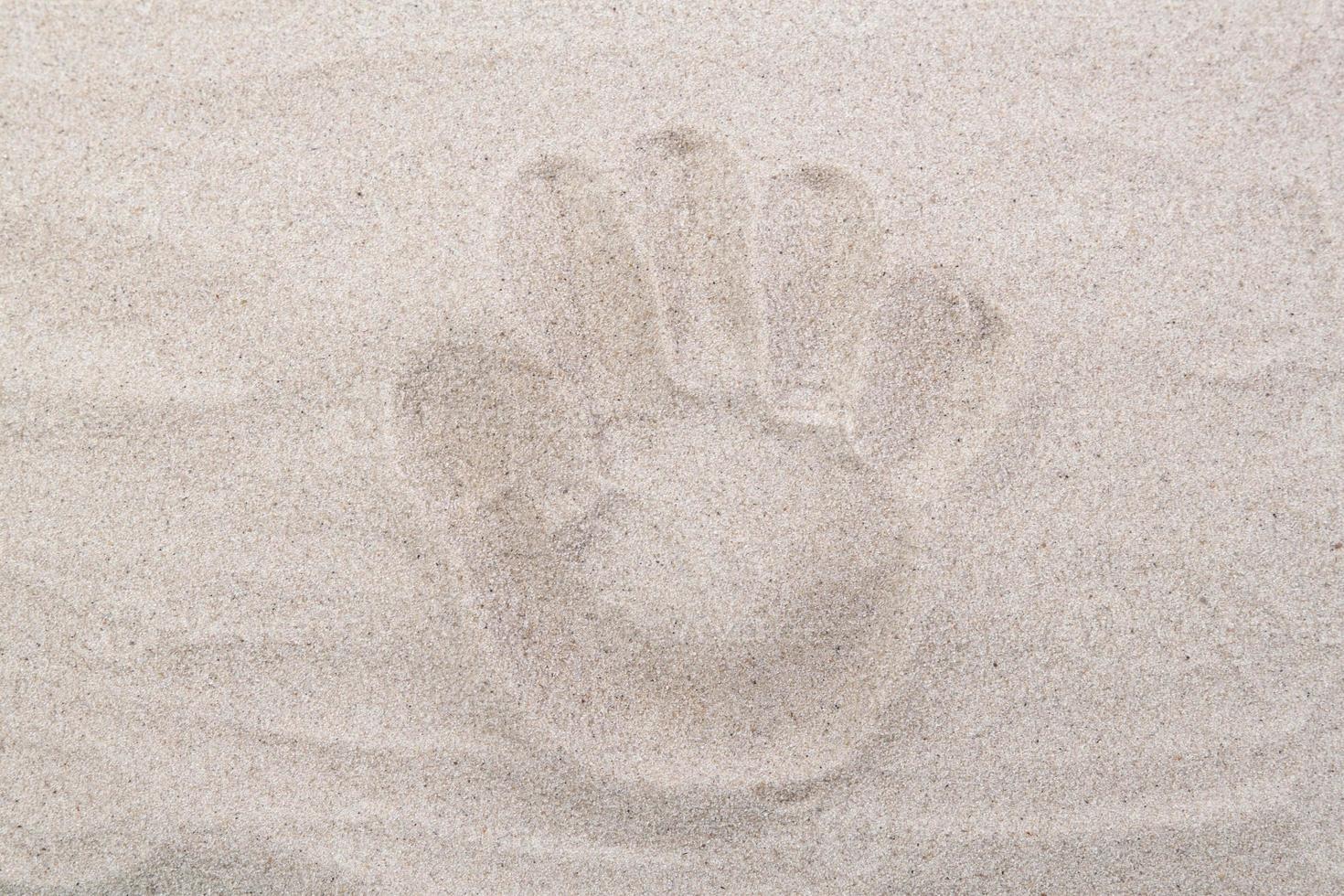 Palm footprint in the sand top view. Sand copy space. Sand background top view. photo