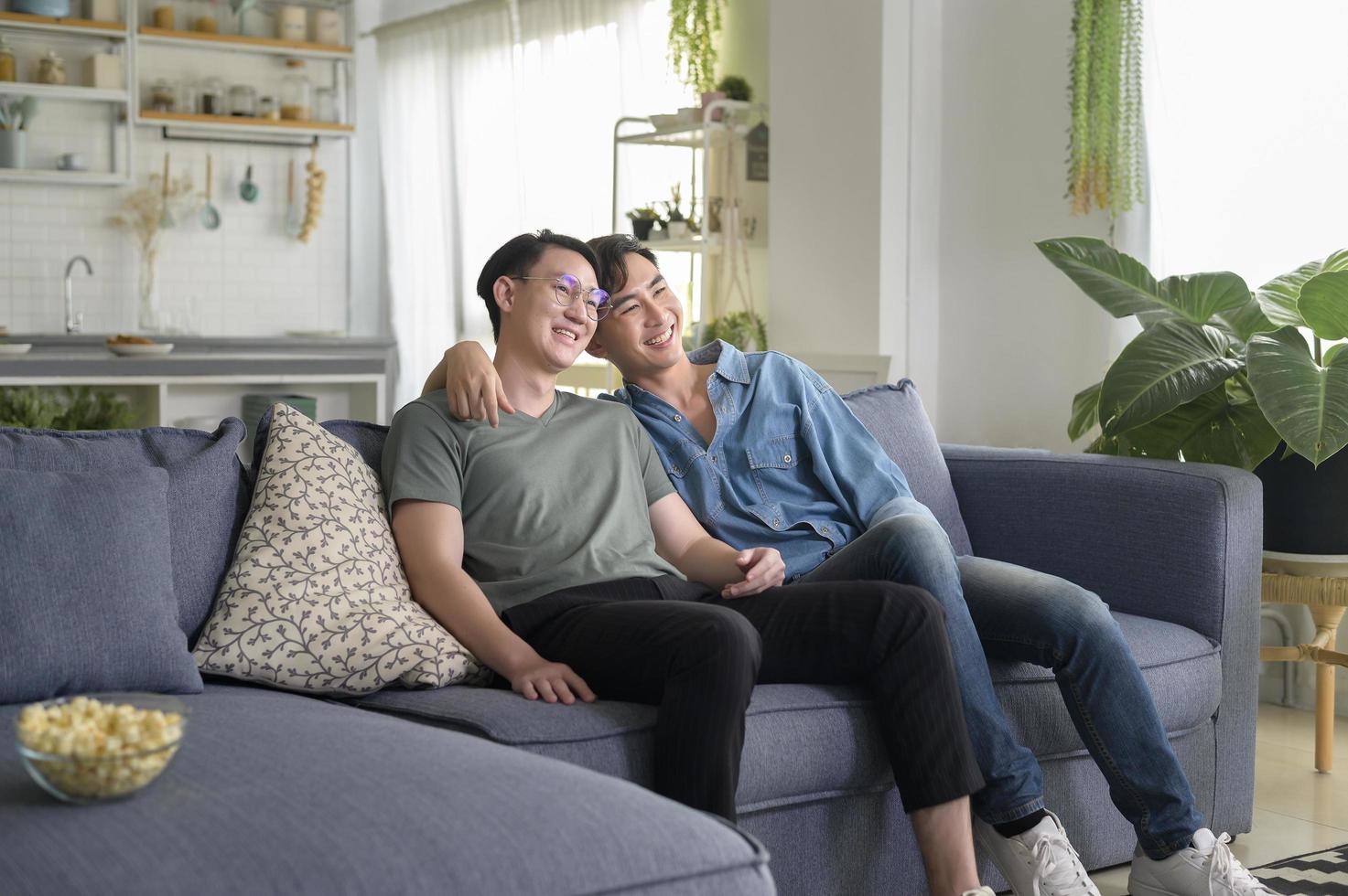 Young smiling gay couple watching TV in the living room at home, LGBTQ and diversity photo