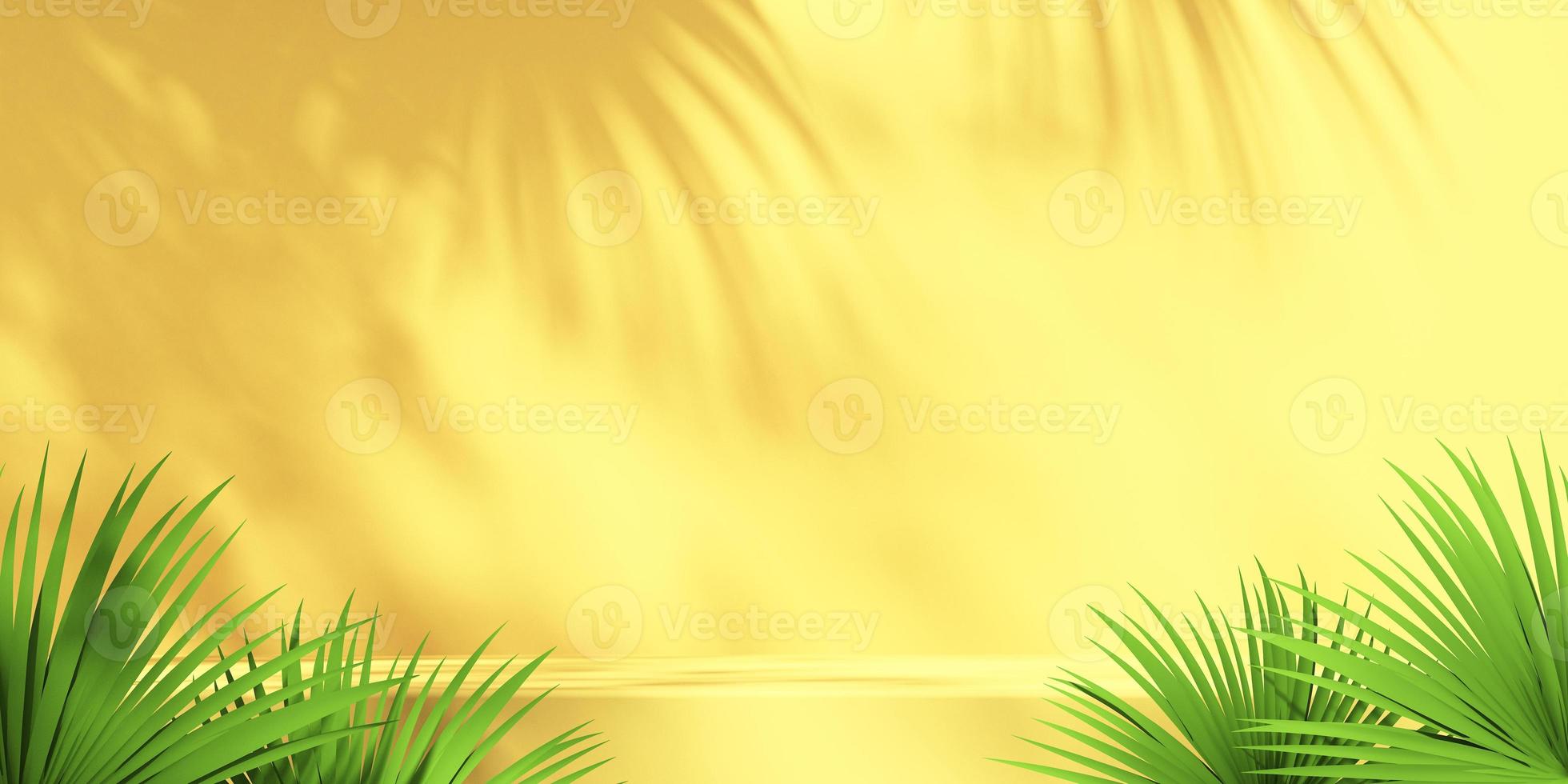 3D green and yellow product podium display with orange background and tree shadow,summer product mockup background,3D render illustration photo