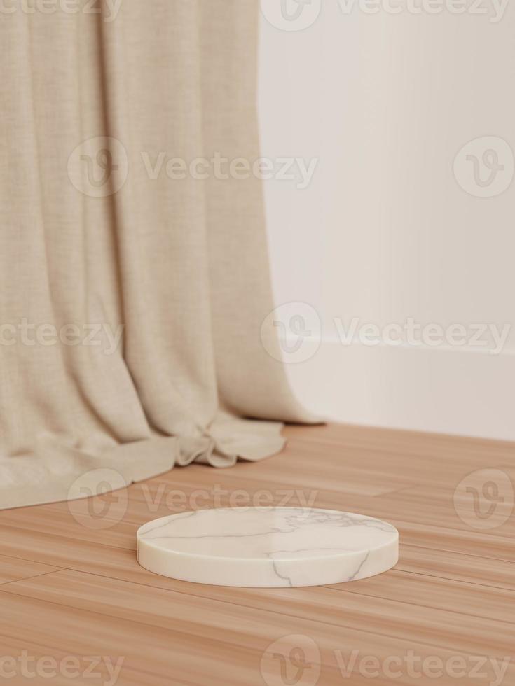 3d marble display podium on wooden floor against curtain and wall. 3d rendering of realistic presentation for product advertising. 3d minimal illustration. photo