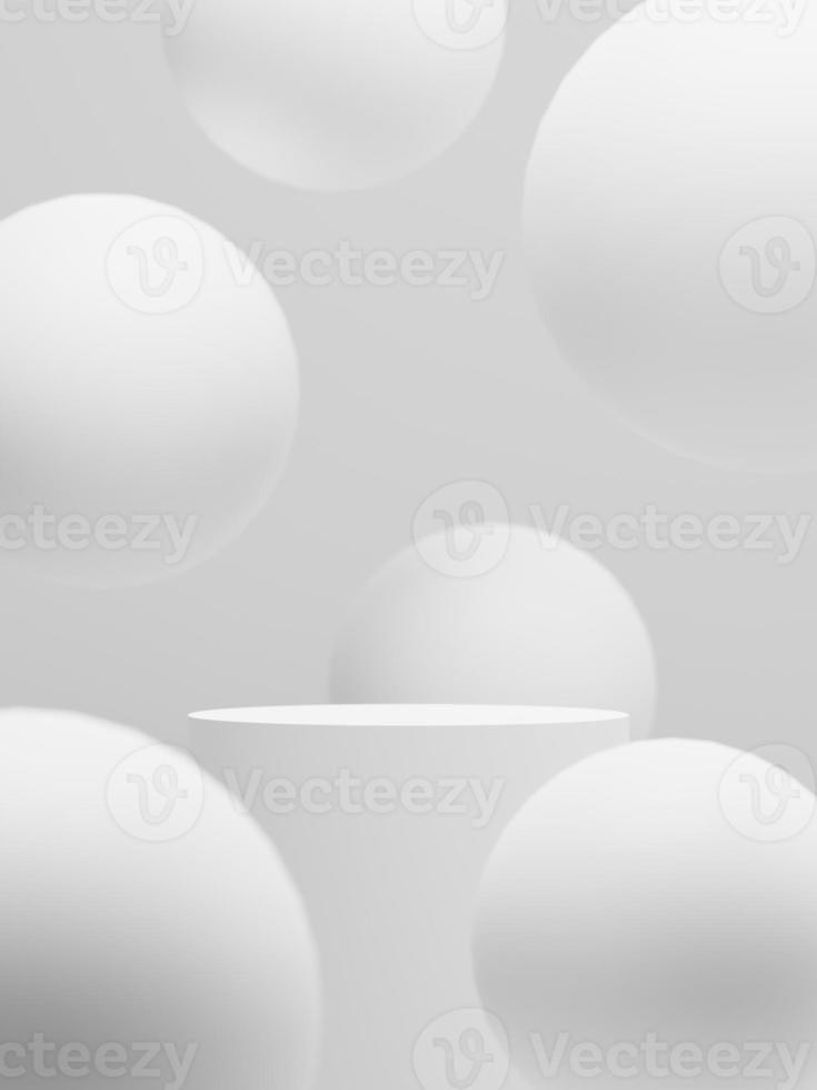 3d minimal cylinder display podium among the white sphere against white background. 3d rendering of realistic presentation for product advertising. 3d minimal illustration. photo