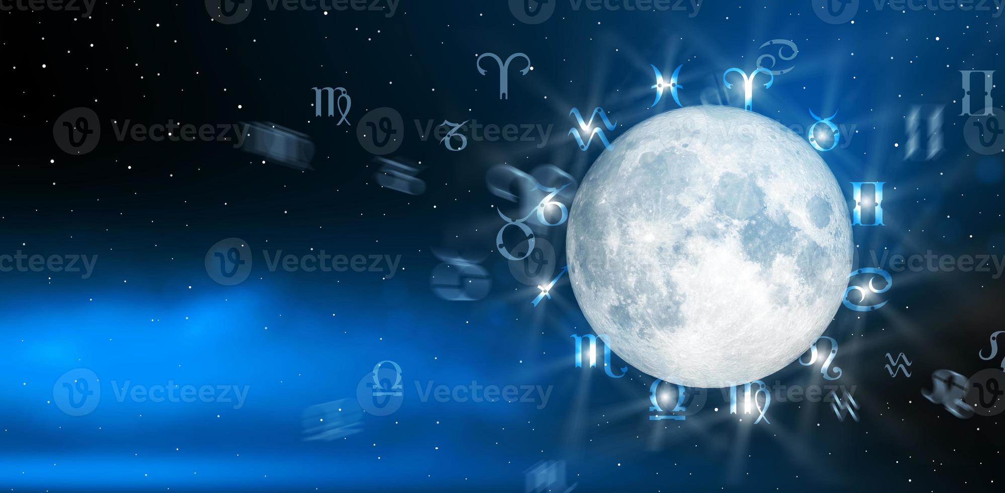 Astrological zodiac signs inside of horoscope circle. Astrology, knowledge of stars in the sky over the milky way and moon. The power of the universe concept. photo