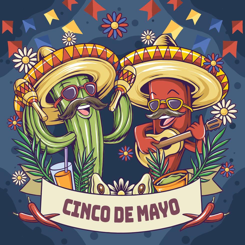 cinco de mayo con mascota de cactus y chile vector