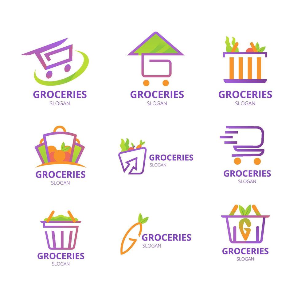 conjunto de logotipo de comestibles en línea simplemente verde púrpura vector