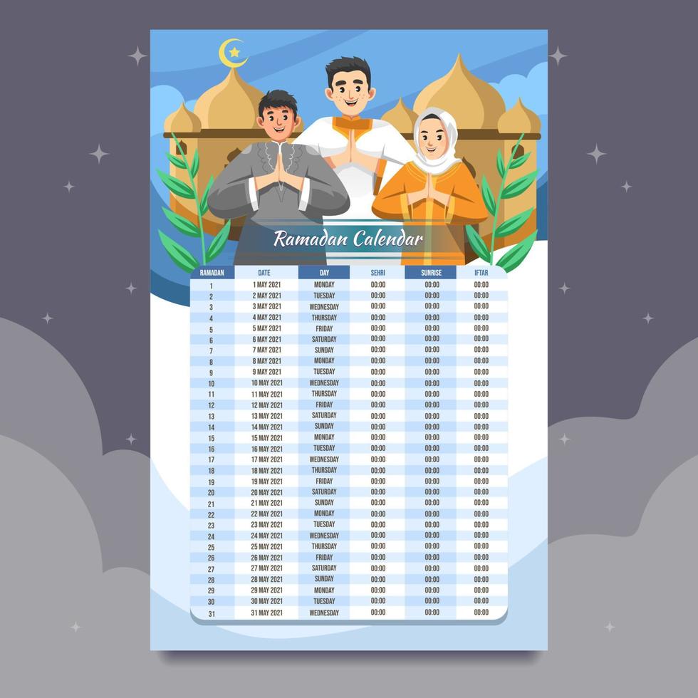 calendario de ramadán de la familia islámica vector