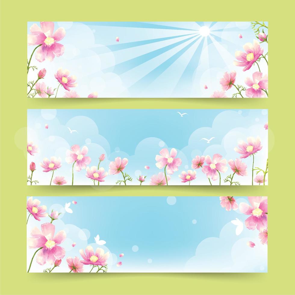 Watercolor Summer Cosmos Flower Banner Set vector