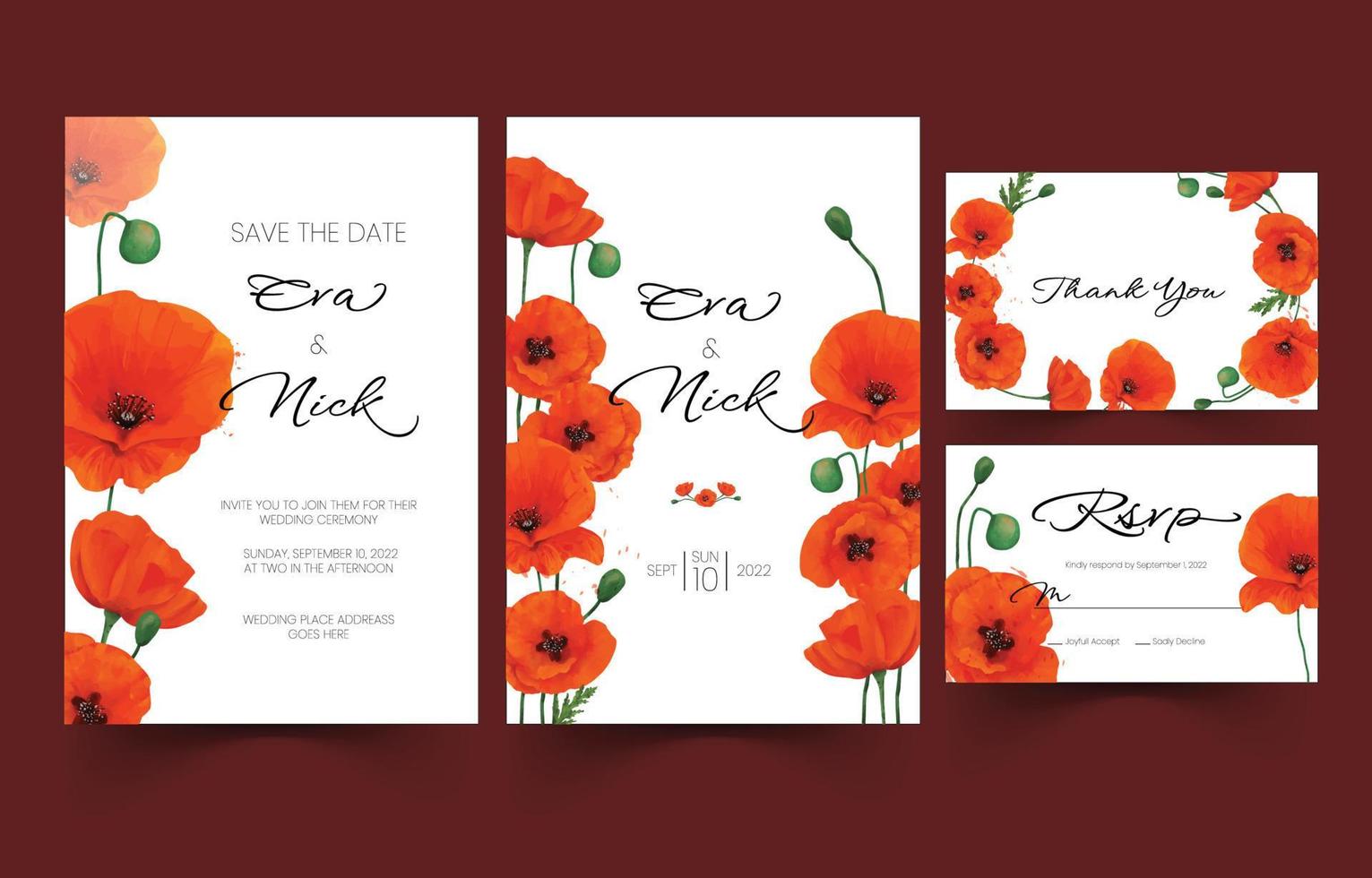Watercolor Red Poppy Flower Theme for Wedding Invitation Set vector
