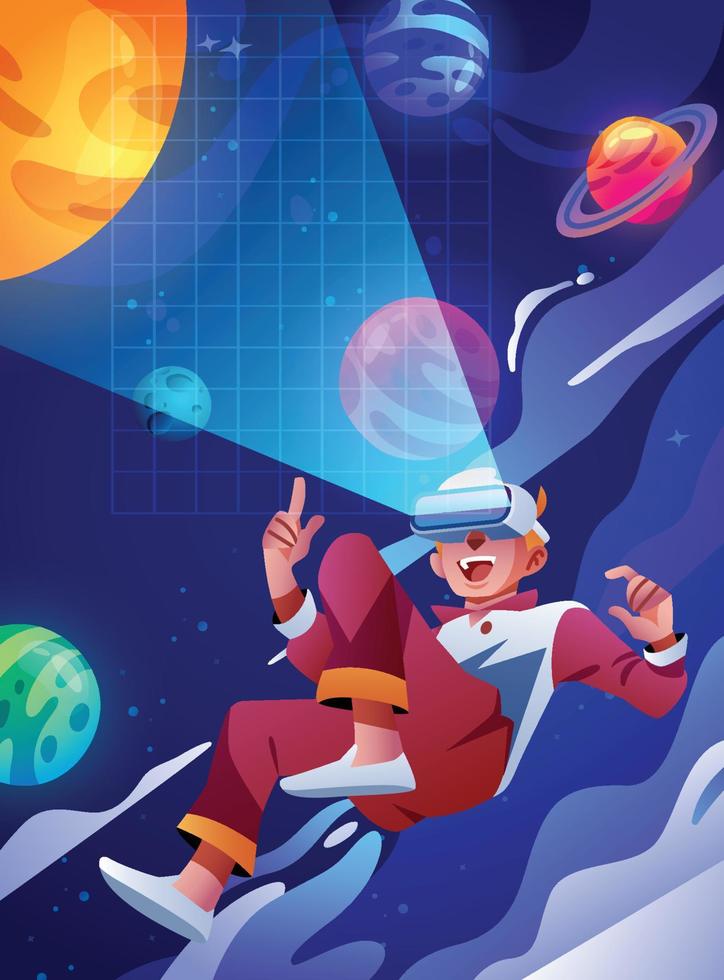 A Boy Explores Outer Space Through Virtual Reality vector